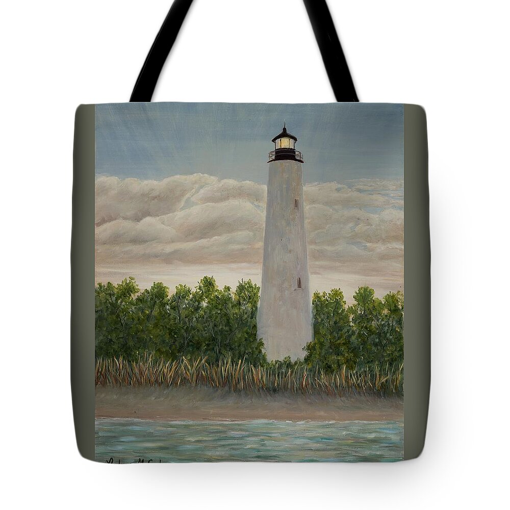 Lighthouse In South Carolina Tote Bag featuring the painting Georgetown Lighthouse by Audrey McLeod