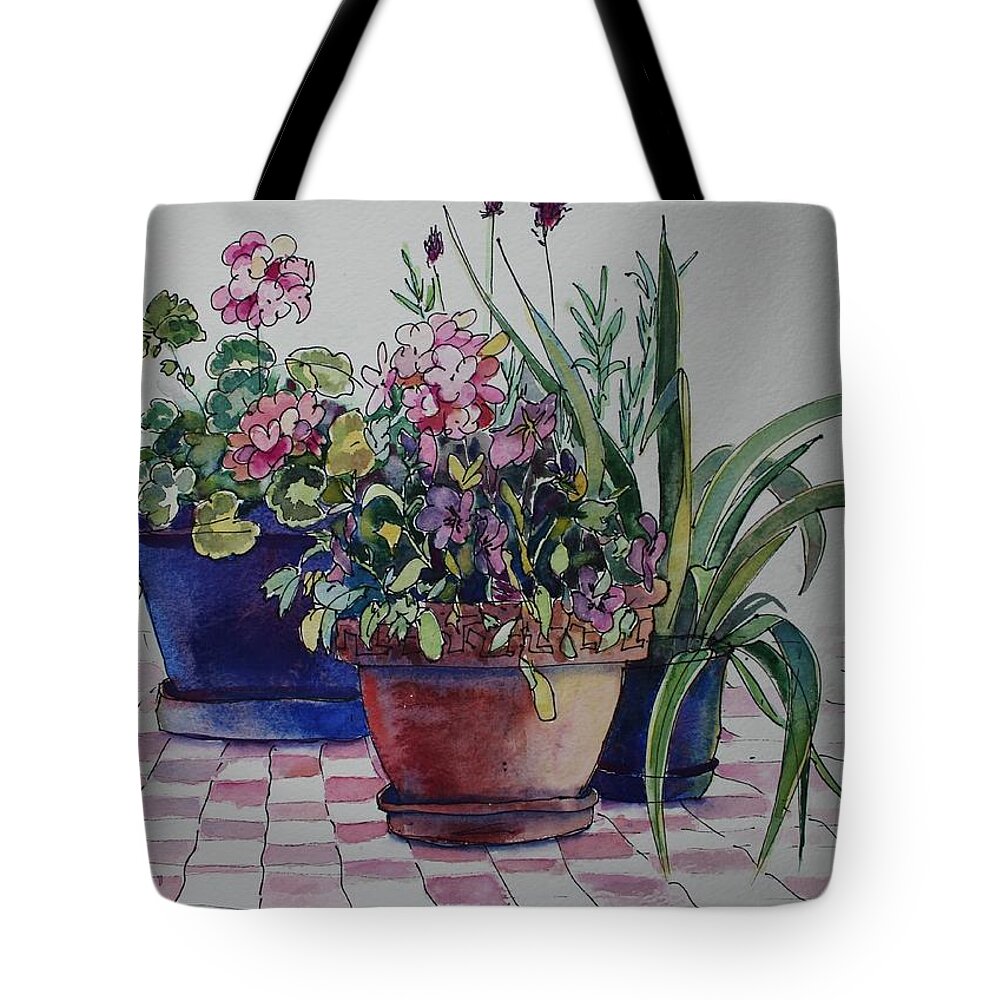 Flowers Tote Bag featuring the painting Geraniums and Pansies by Ruth Kamenev