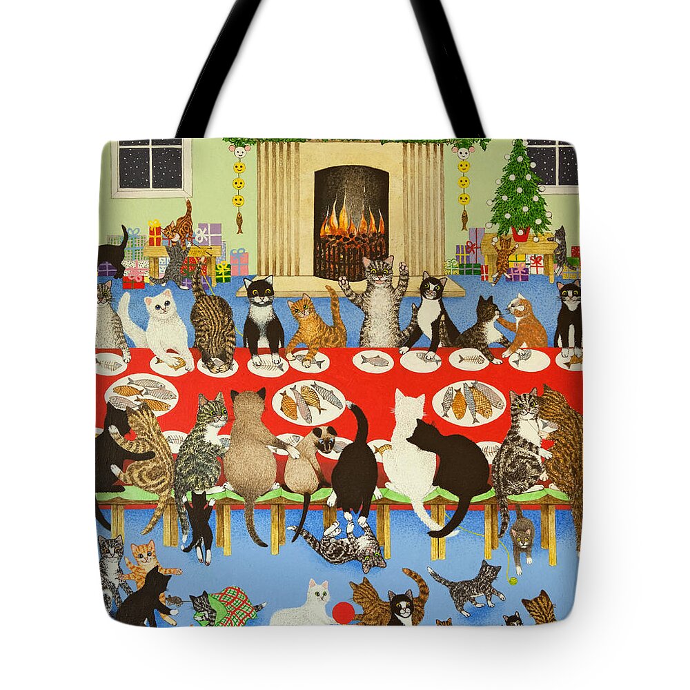 Christmas Tote Bag featuring the painting Getting Together by Pat Scott