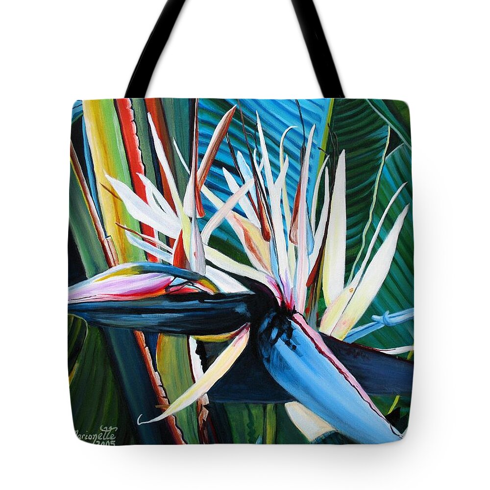 Bird Tote Bag featuring the painting Giant Bird of Paradise by Marionette Taboniar