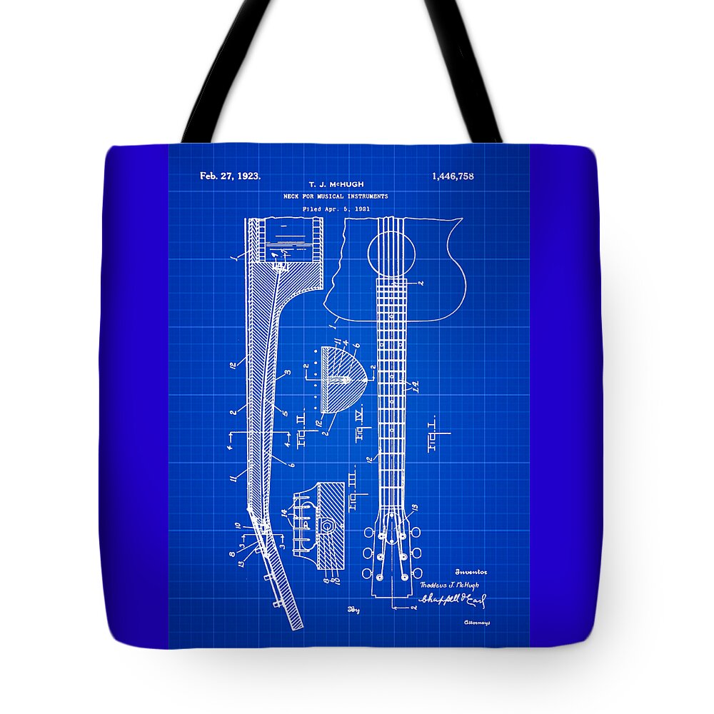 Gibson Tote Bag featuring the photograph Gibson Guitar Patent 1923 Blue Print by Bill Cannon