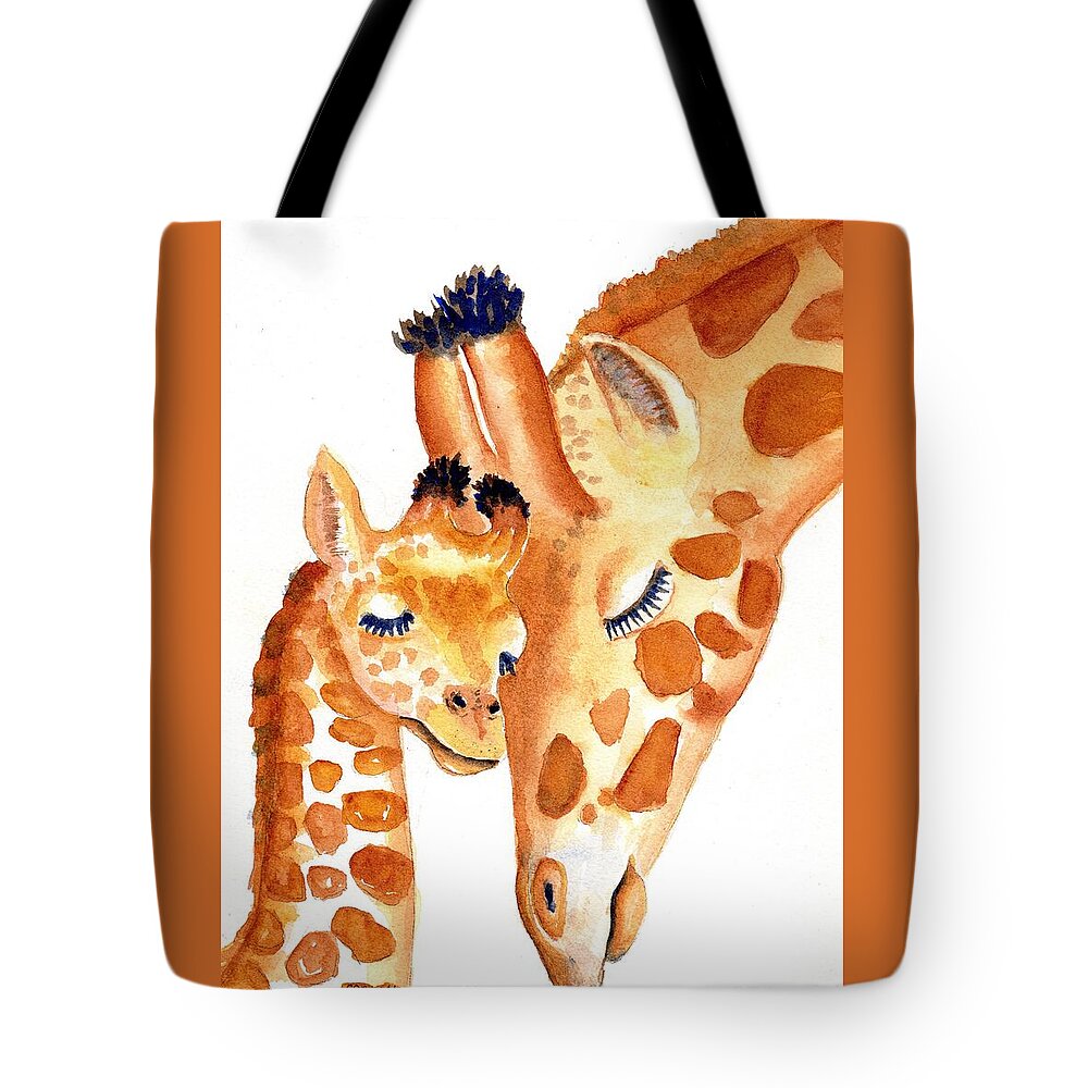 Giraffe Tote Bag featuring the painting Giraffe Baby and Mother Zen by Carlin Blahnik CarlinArtWatercolor