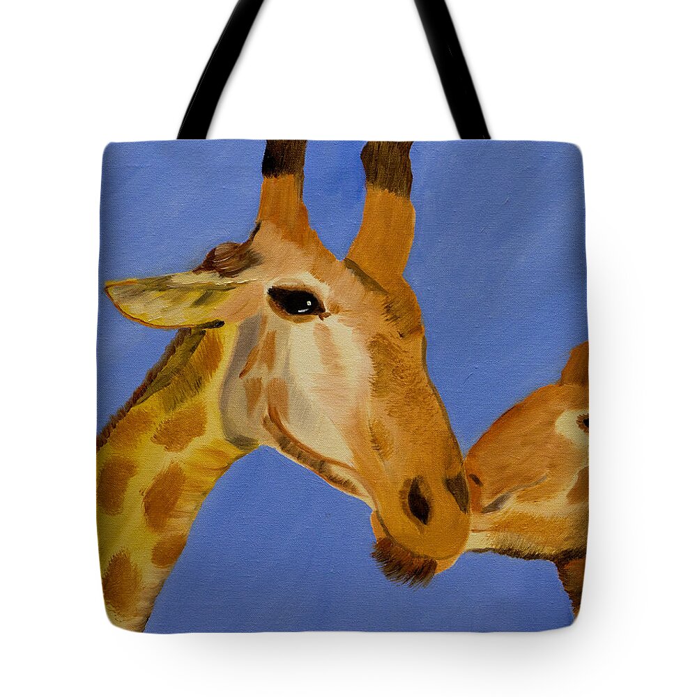 Giraffe Family Tote Bag featuring the painting Giraffe Bonding by Meryl Goudey