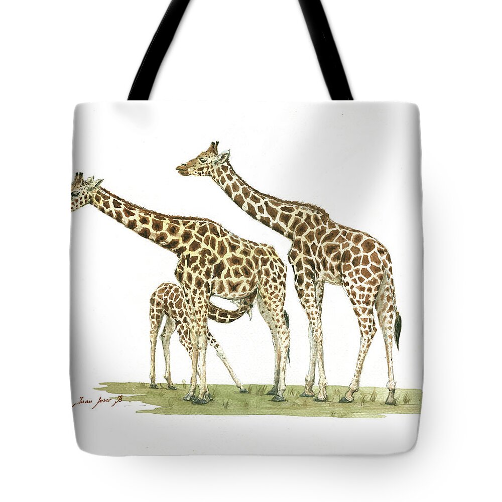 Giraffe Art Tote Bag featuring the painting Giraffe family by Juan Bosco