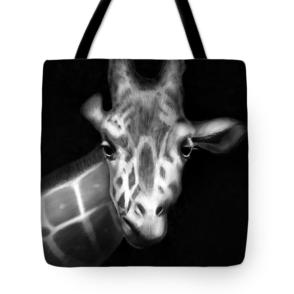Giraffe Tote Bag featuring the digital art Giraffe in Black and White by Angela Murdock
