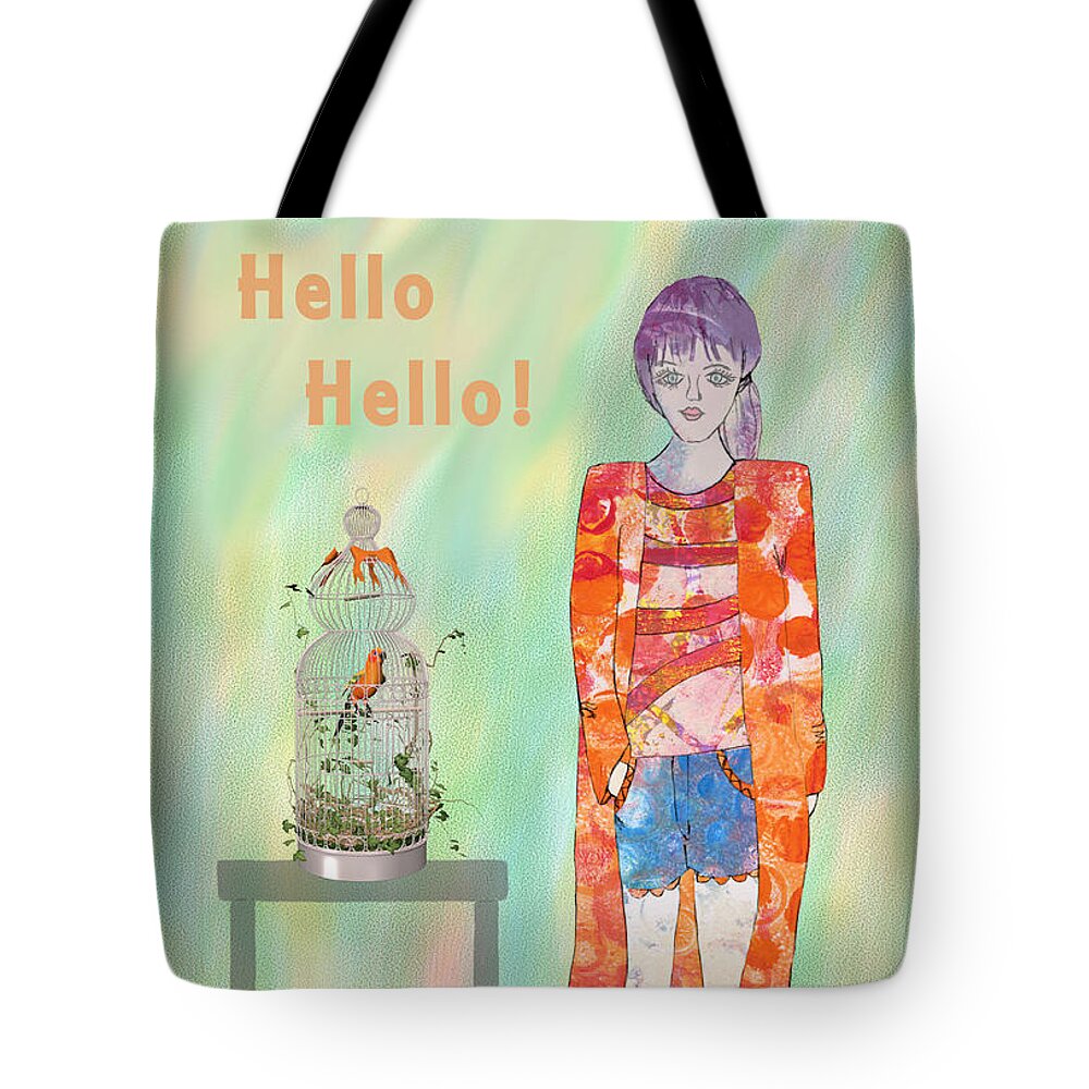 Girl Tote Bag featuring the mixed media Girl and Parrot by Rosalie Scanlon