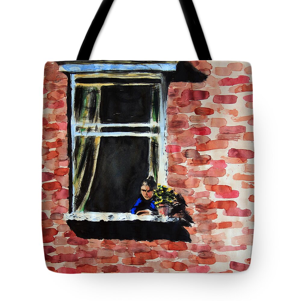 Bonnie Follett Tote Bag featuring the painting Girl at Window by Bonnie Follett