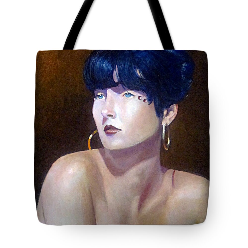 Blue Hair Tote Bag featuring the painting Girl from Planet K-T by Mark Lunde