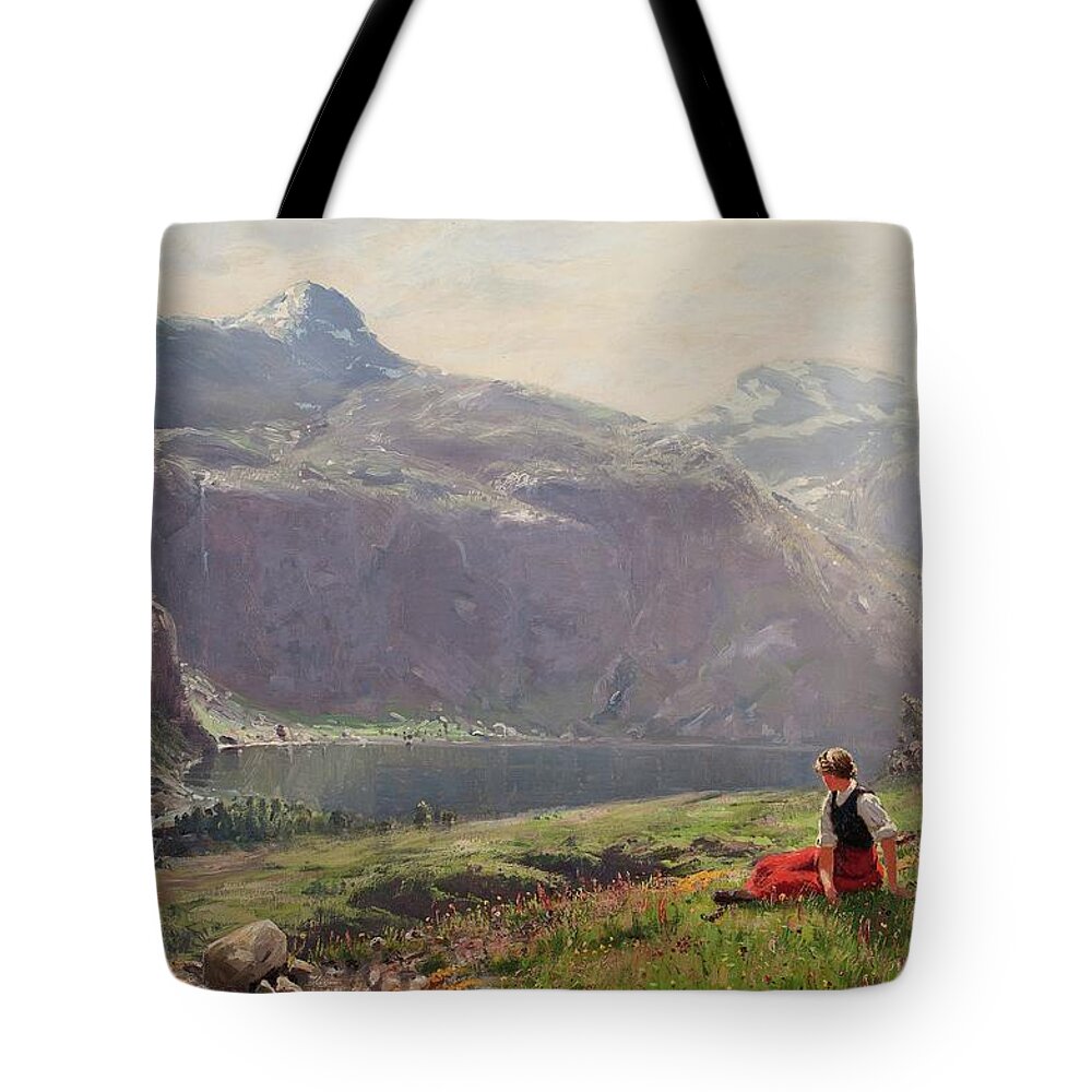 Hans Andreas Dahl Tote Bag featuring the painting Girl in the fjords by Hans Andreas Dahl