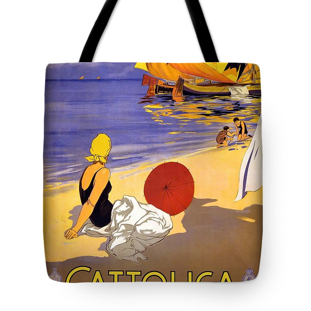 Girl On A Beach Tote Bag featuring the painting Girl on a beach in Cattolica Rimini Italy - Vintage Travel Poster by Studio Grafiikka