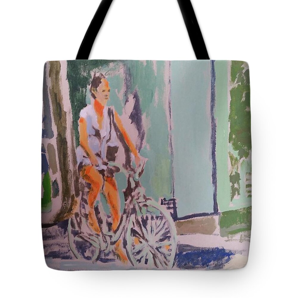 Bicycle Tote Bag featuring the painting Girl on bike by Bachmors Artist