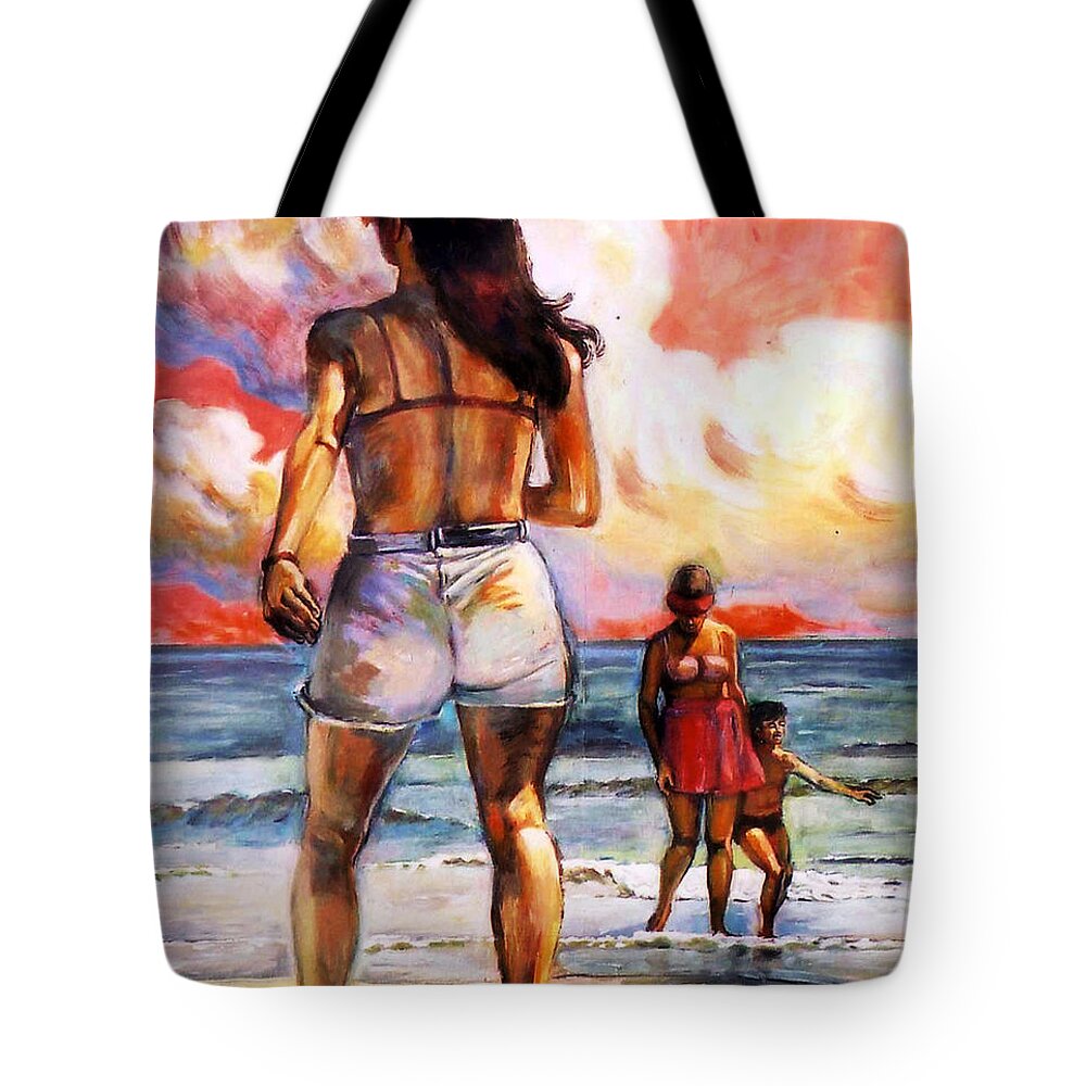 Girl On The Beach Tote Bag featuring the painting Girl On The Beach by Stan Esson
