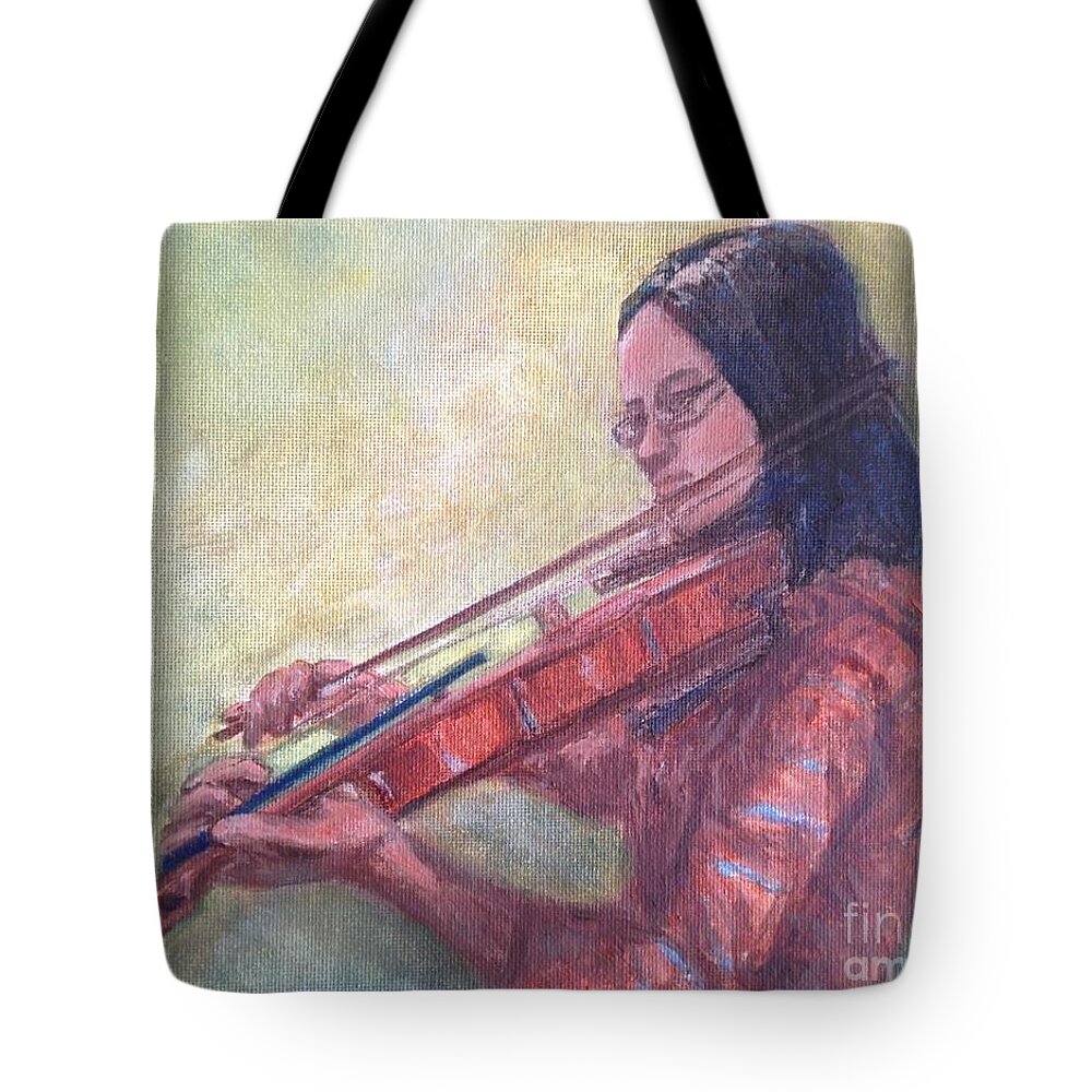 Violin Tote Bag featuring the painting Girl Playing Violin by Lavender Liu