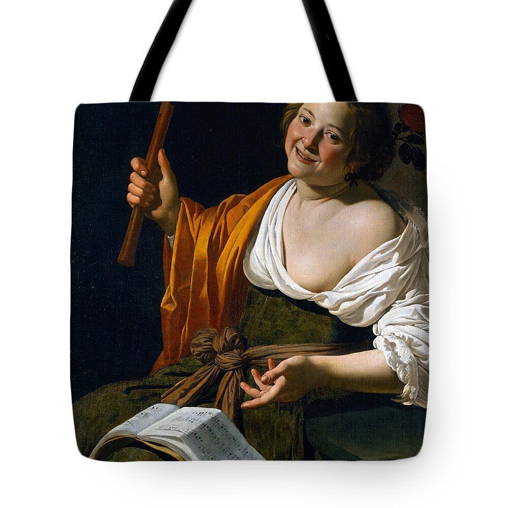 Jan Van Bijlert Tote Bag featuring the painting Girl with a Flute by Jan van Bijlert