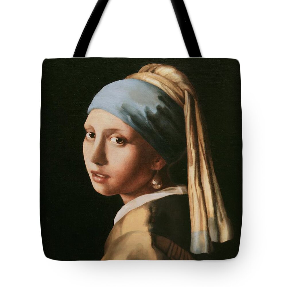 Old Masters Tote Bag featuring the painting Girl with a Pearl Earring - After Vermeer by Yvonne Wright