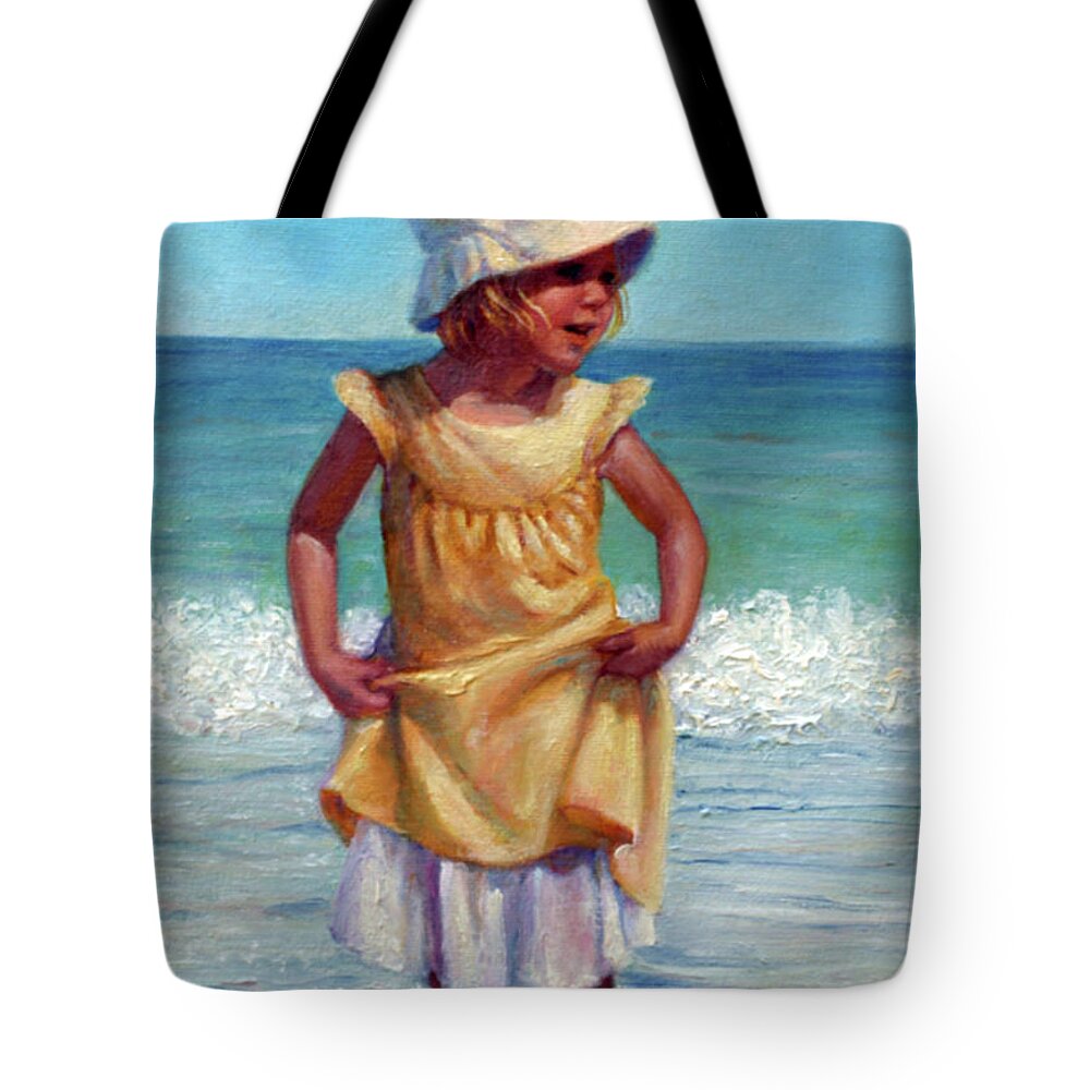 Children At The Beach Tote Bag featuring the painting Girl with Bonnet by Marie Witte