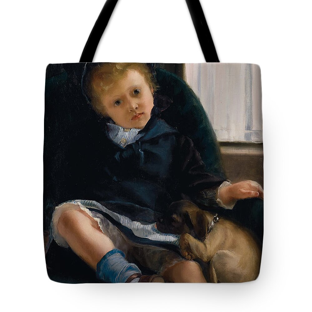 Puppy Tote Bag featuring the painting Girl With Puppy by Jacques-Emile Blanche