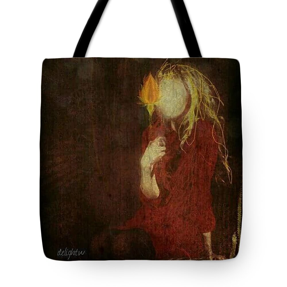 Girl Tote Bag featuring the digital art Girl with Yellow Flower by Delight Worthyn