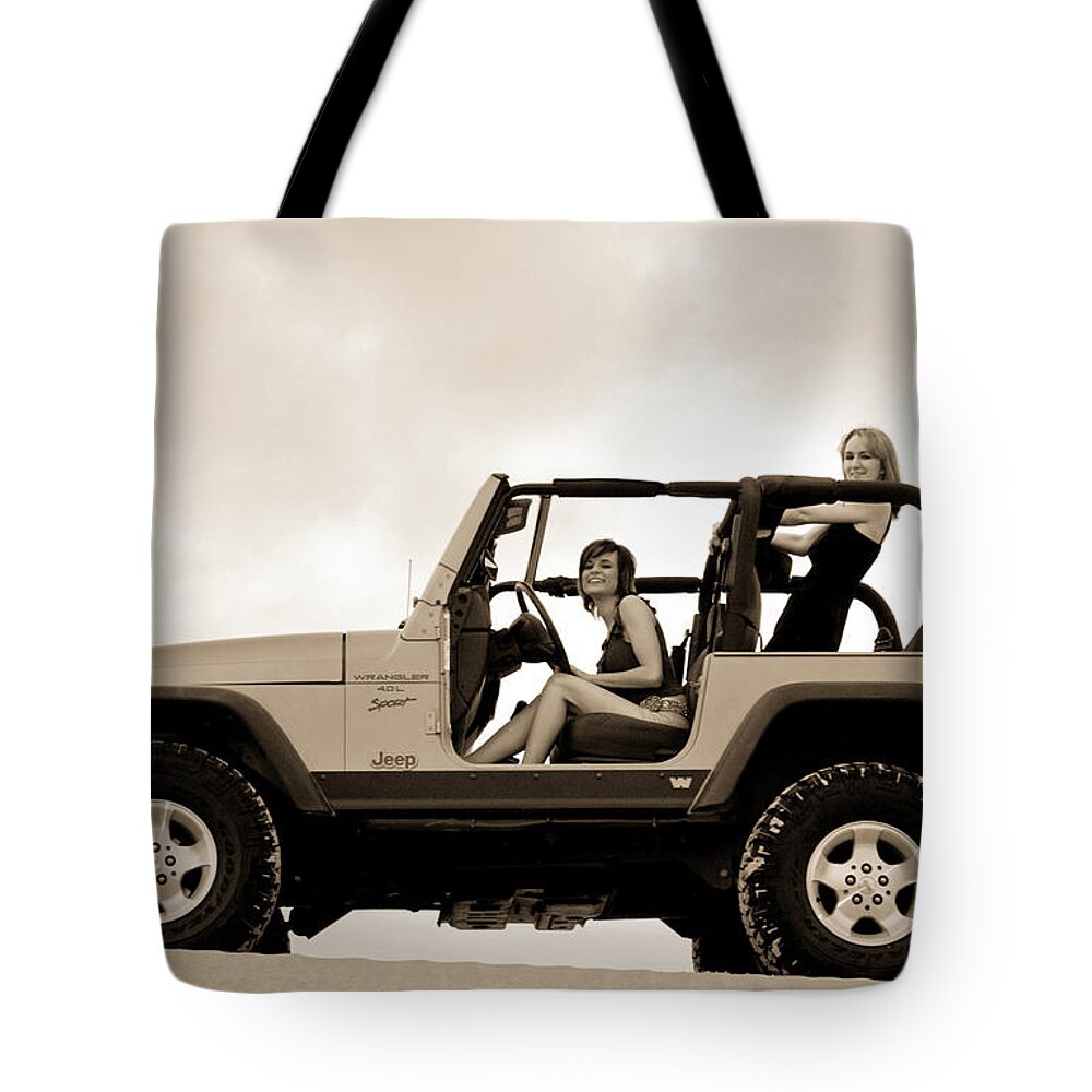 Jeep Tote Bag featuring the photograph girls and Jeeps by Scott Sawyer