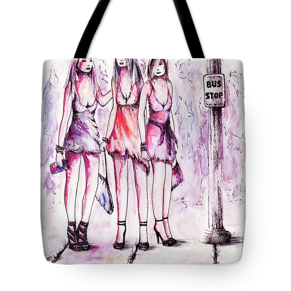 Figure Tote Bag featuring the drawing Girls Night Out by William Russell Nowicki