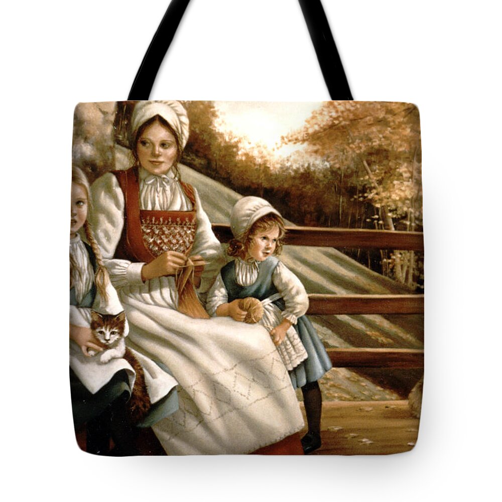 Children Tote Bag featuring the painting Girls with Cats by Marie Witte