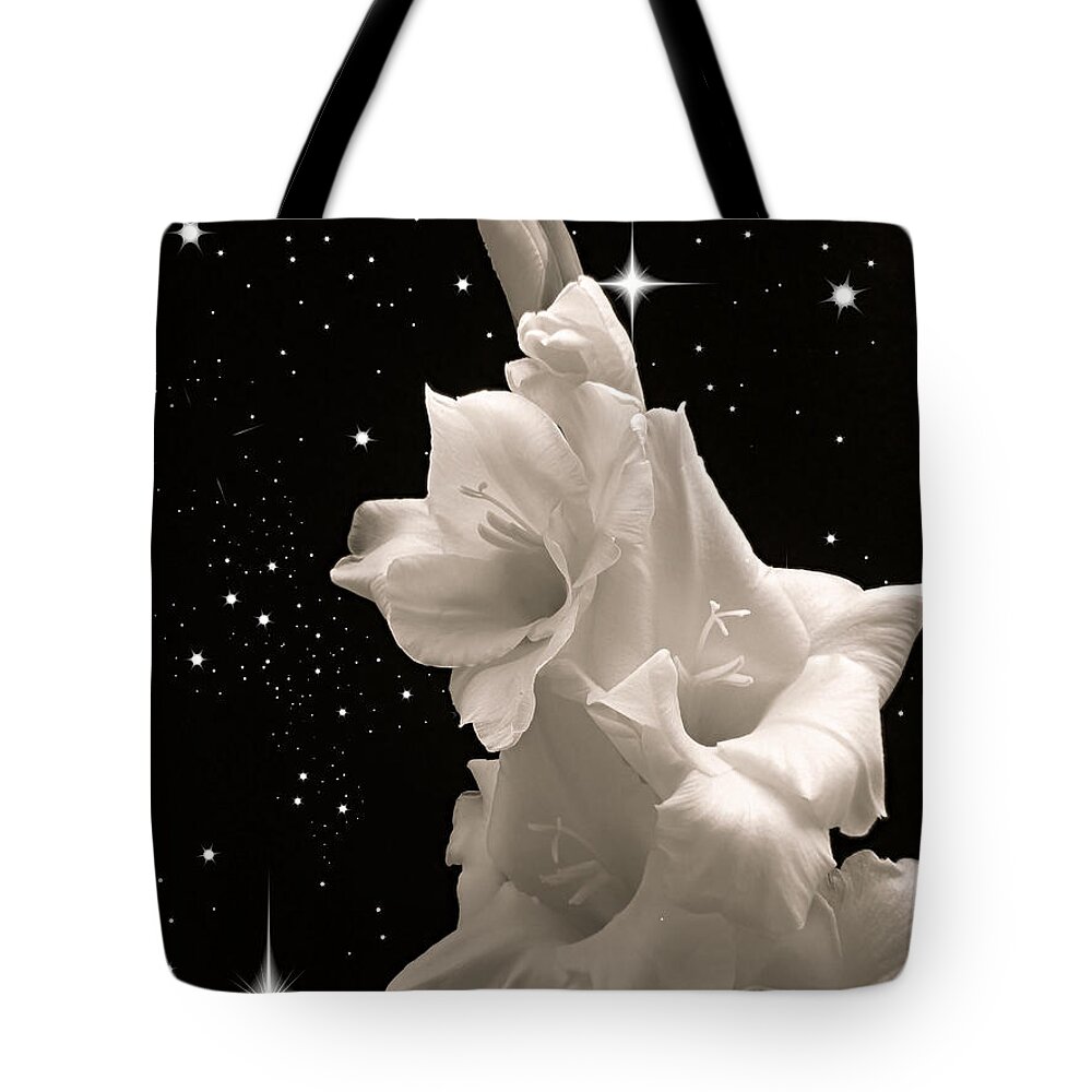 Gladiola Tote Bag featuring the photograph Gladiolas in Space by Farol Tomson