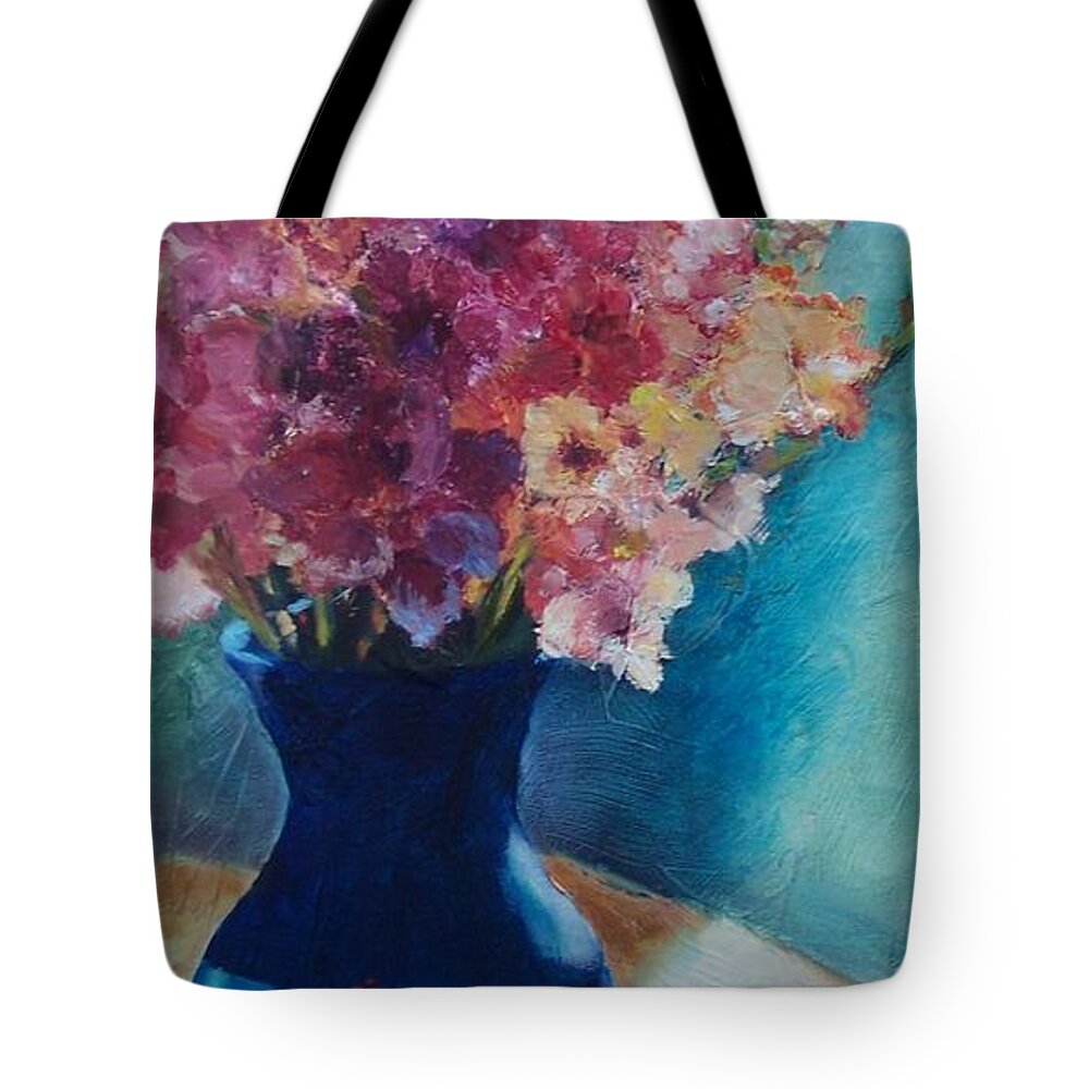 Still Life Tote Bag featuring the painting Gladioli-Blue by Marlene Book