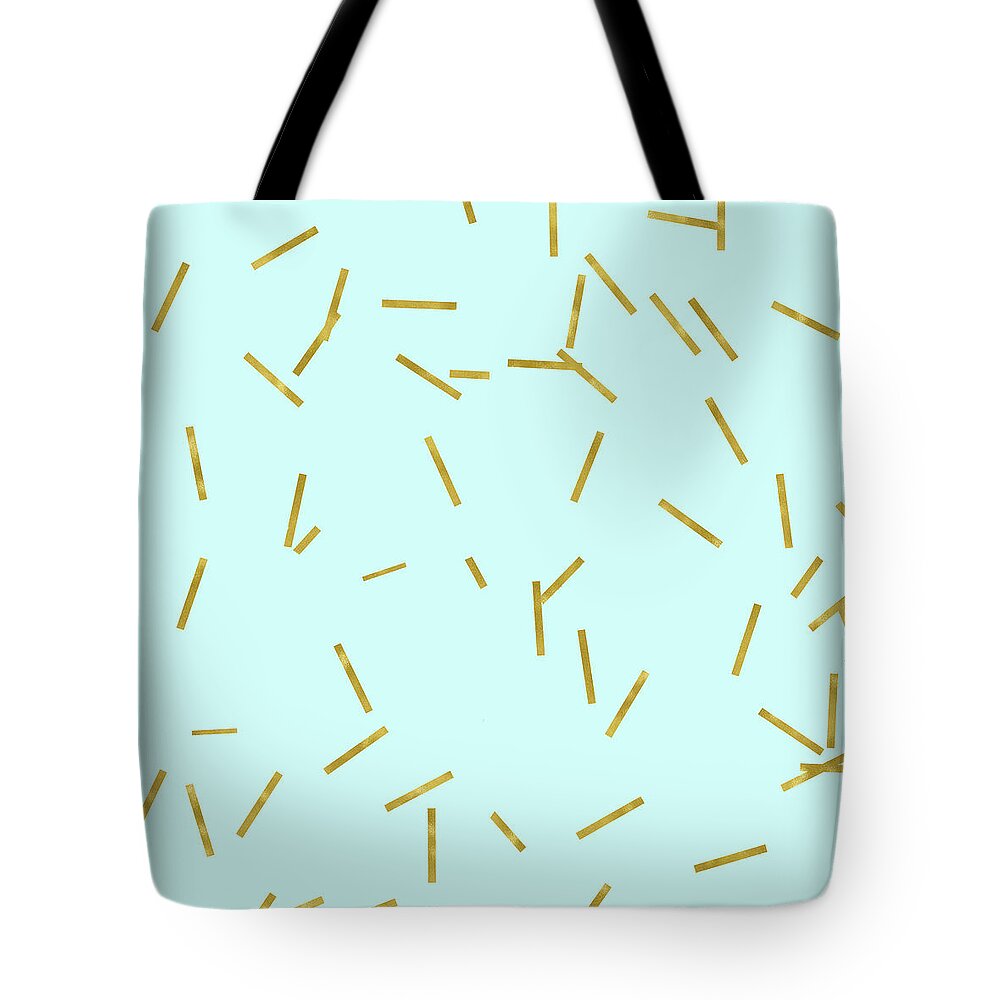 Stix Tote Bag featuring the digital art Glitter confetti on aqua gold pick up sticks pattern by Tina Lavoie