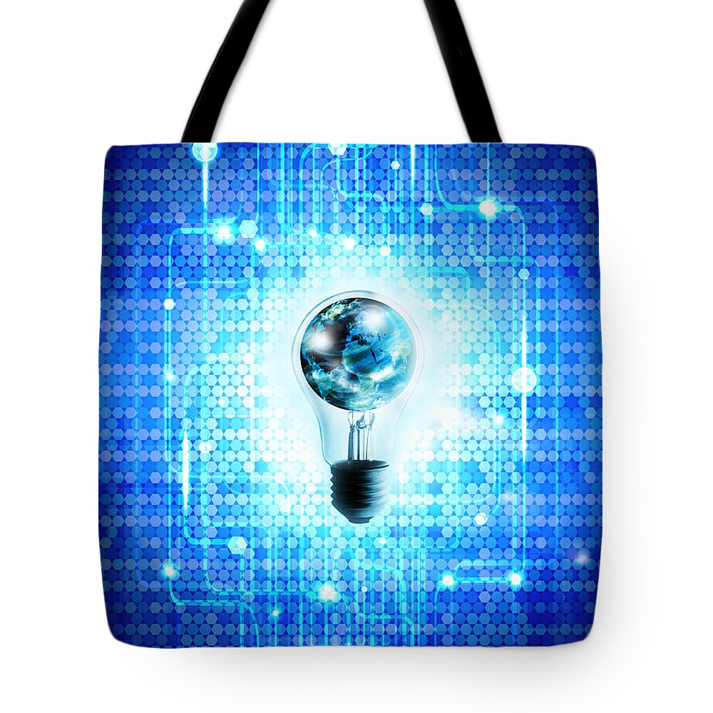 Abstract Tote Bag featuring the photograph Globe And Light Bulb With Technology Background by Setsiri Silapasuwanchai