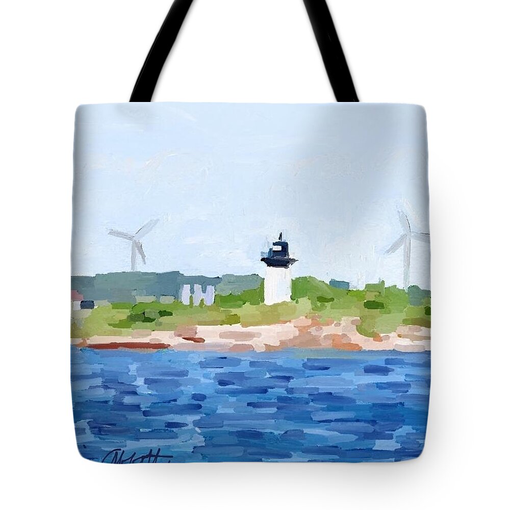 Ten Pound Island Lighthouse Tote Bag featuring the painting Gloucester MA Skyline from Harbor by Melissa Abbott
