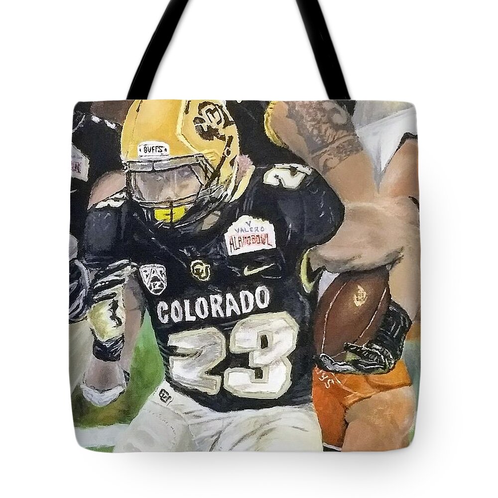 Phillip Lindsay Tote Bag featuring the painting Go Buffs by Kevin Daly