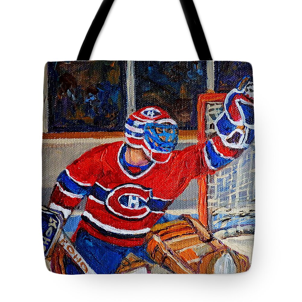 Hockey Tote Bag featuring the painting Goalie Makes The Save Stanley Cup Playoffs by Carole Spandau