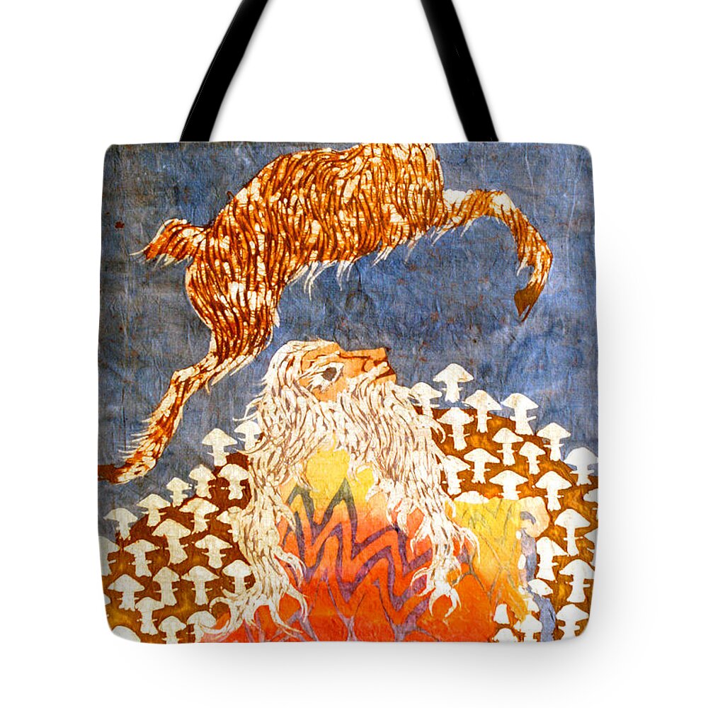 Fantasy Tote Bag featuring the tapestry - textile Goat Leaping Over Wood Elf by Carol Law Conklin