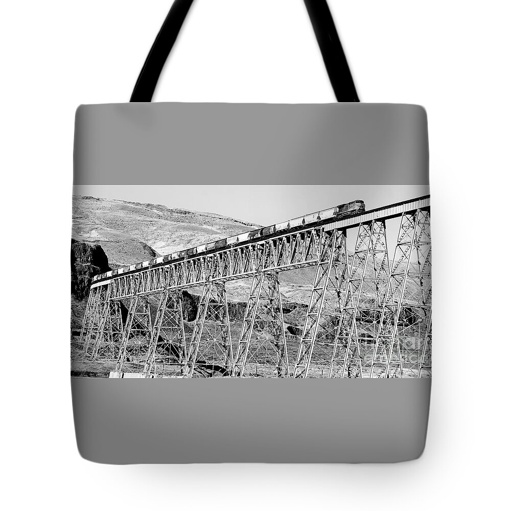 Train Tote Bag featuring the photograph Going over the Trestle by Merle Grenz