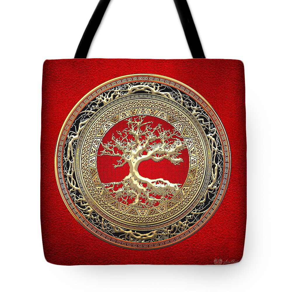 Treasure Trove By By Serge Averbukh Tote Bag featuring the photograph Gold Celtic Tree Of Life On Red by Serge Averbukh