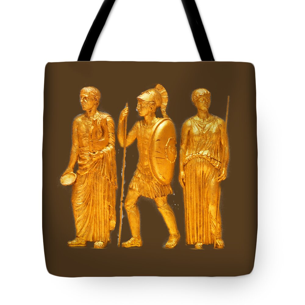 Greek Tote Bag featuring the photograph Gold Covered Greek Figures by Linda Phelps