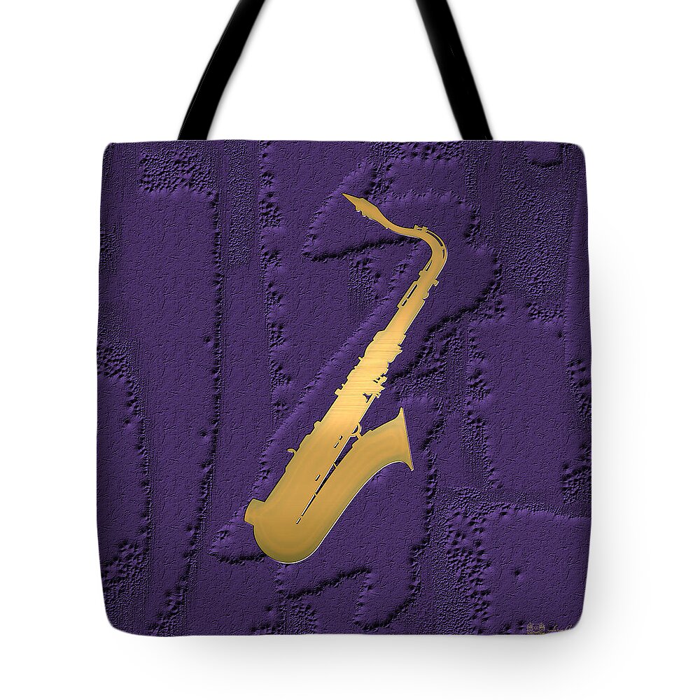Art Tote Bag featuring the photograph Gold Embossed Saxophone on Purple by Serge Averbukh