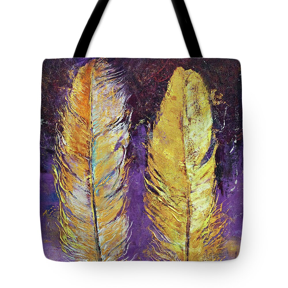 Abstract Tote Bag featuring the painting Gold Feathers by Michael Creese