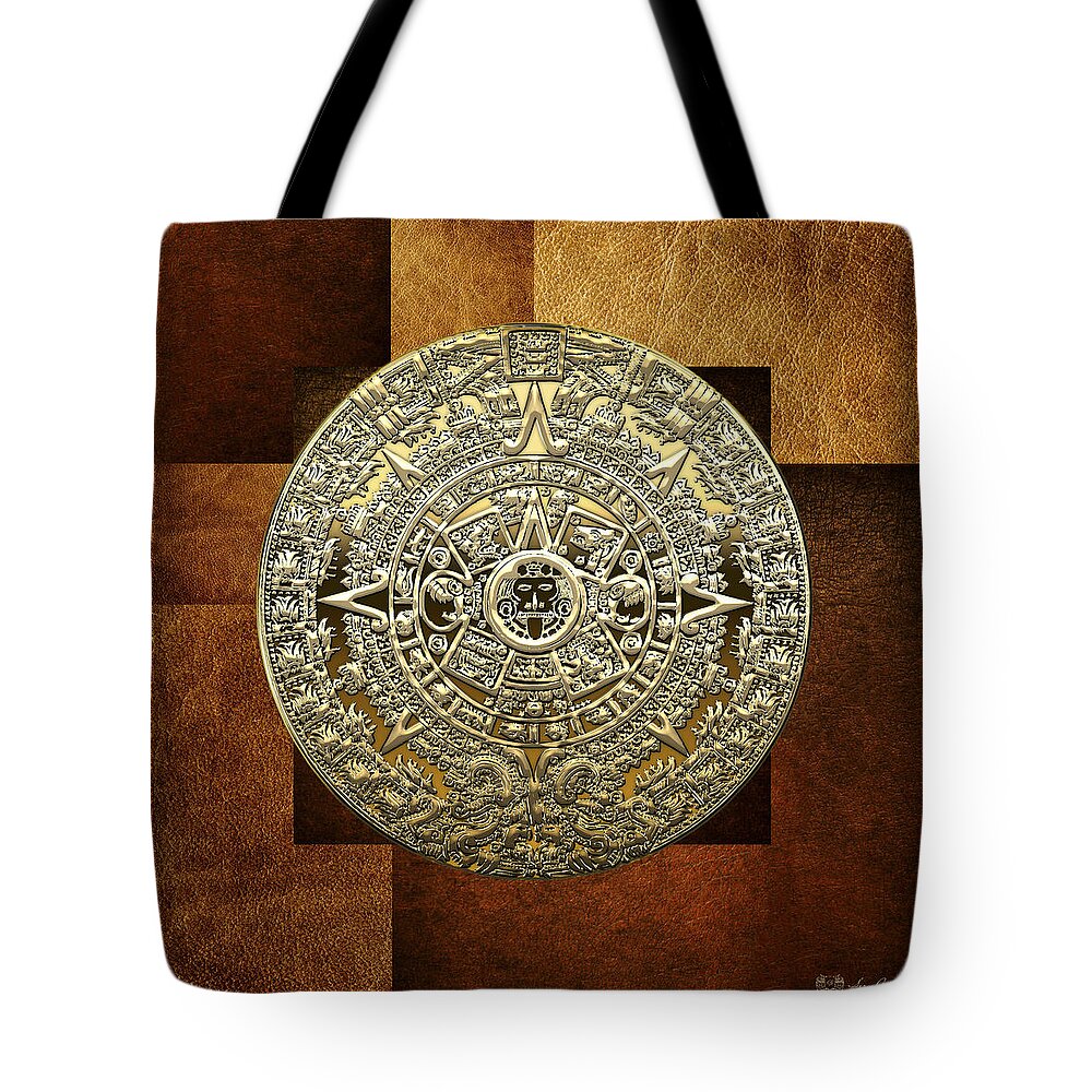 'treasures Of Mesoamerica' Collection By Serge Averbukh Tote Bag featuring the digital art Gold Mayan-Aztec Calendar on Brown Leather by Serge Averbukh
