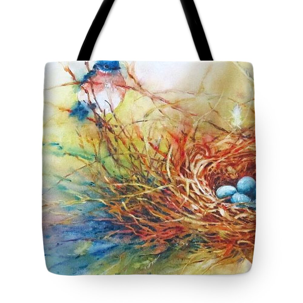 Blue Bird Tote Bag featuring the painting Gold Nest by Nicole Gelinas