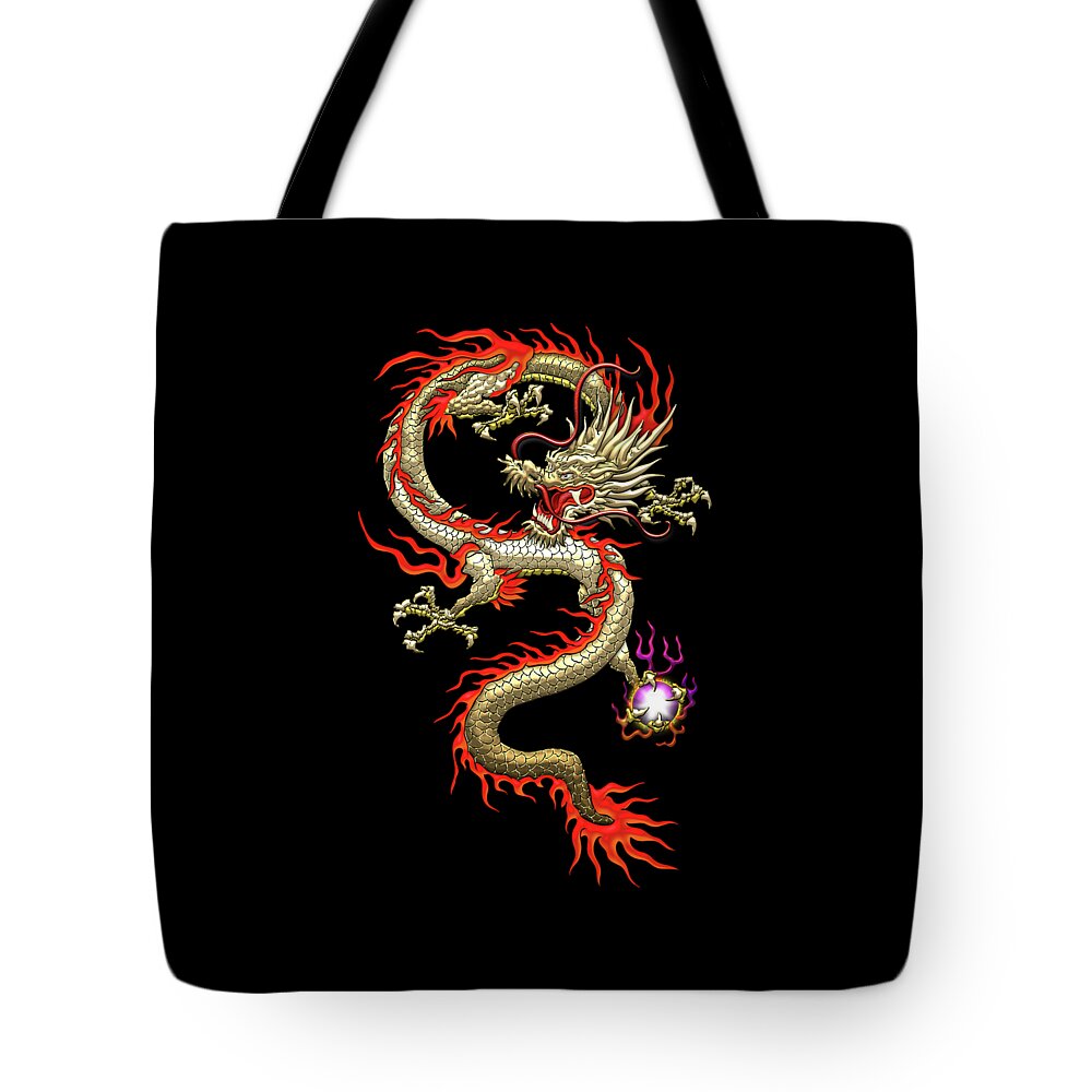'treasures Of China' Collection By Serge Averbukh Tote Bag featuring the digital art Golden Chinese Dragon Fucanglong on Black Silk by Serge Averbukh