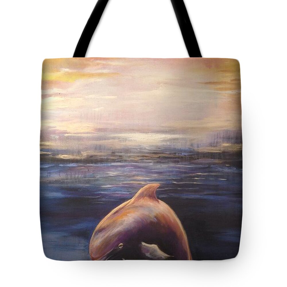 Sea Tote Bag featuring the painting Golden Dolphin by Karen Ferrand Carroll