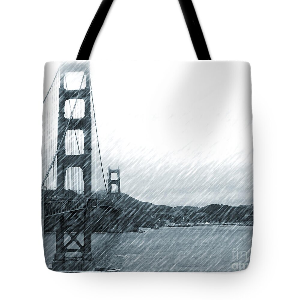 Golden Gate Bridge Tote Bag featuring the photograph Golden Gate Blue Rain by Cheryl Del Toro