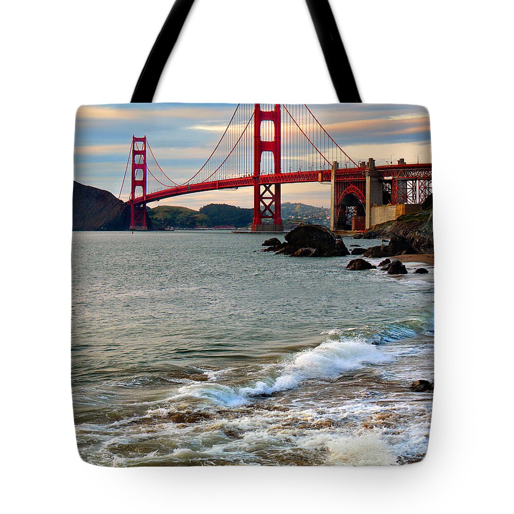 Golden Gate Bridge Poster Tote Bag featuring the photograph Golden Gate Bridge and the Pacific Ocean at Sunset with Waves by Wernher Krutein