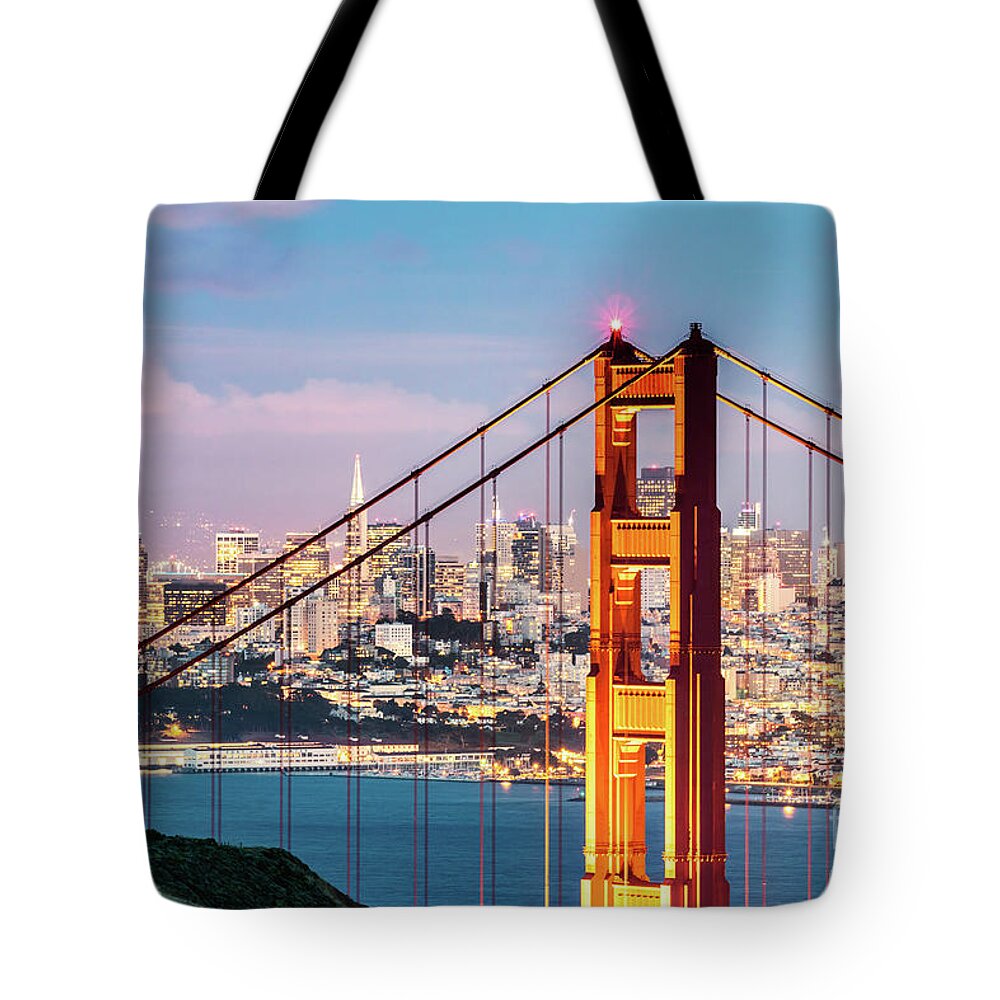 Golden Gate Bridge Tote Bag featuring the photograph Golden Gate bridge at dusk, San Francisco, USA by Matteo Colombo