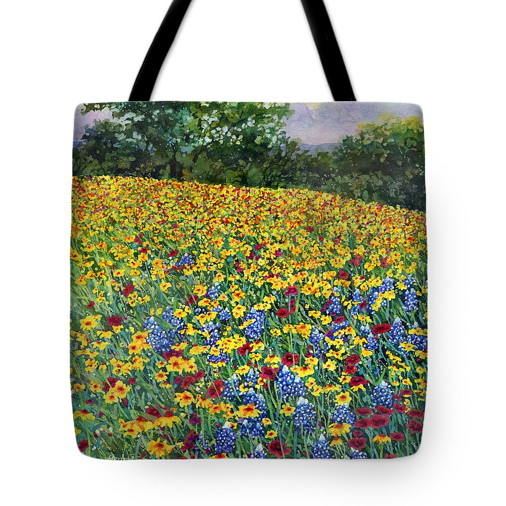 Bluebonnet Tote Bag featuring the painting Golden Hillside by Hailey E Herrera