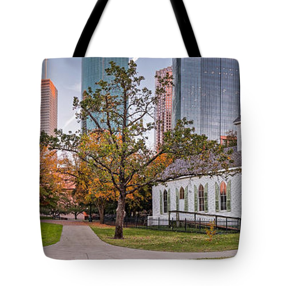 City Tote Bag featuring the photograph Golden Hour Fall Panorama of Downtown Houston and St. John Church at Sam Houston Park - Texas by Silvio Ligutti