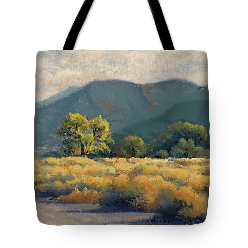 Owen's Valley Tote Bag featuring the painting Golden Hour in Owen's Valley by Sandy Fisher