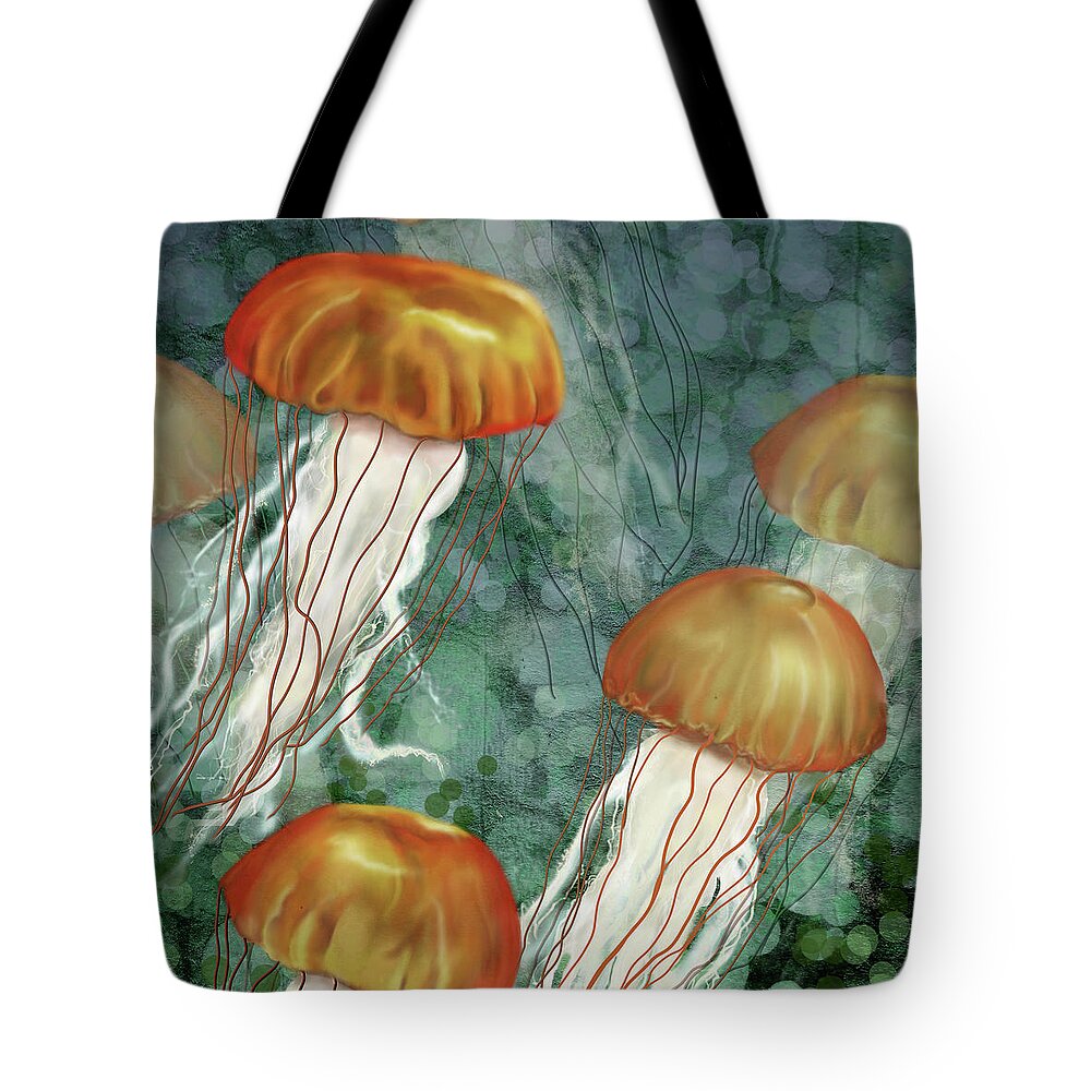 Jellyfish Tote Bag featuring the digital art Golden Jellyfish in Green Sea by Sand And Chi