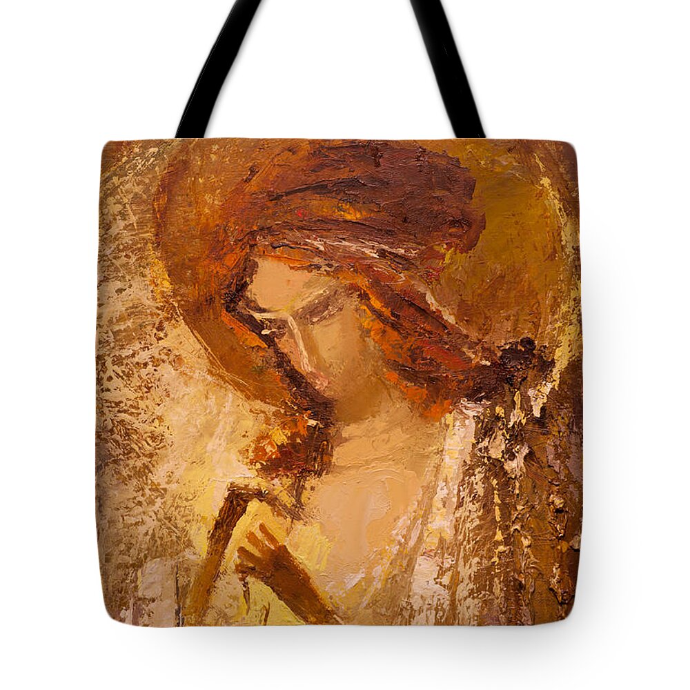 Angel Tote Bag featuring the painting Golden Light of Angel. Fragment by Valentina Kondrashova